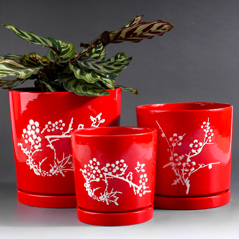 Extra large red ceramic flower pot with tray was contracted indoor desktop household more than other meat flowerpot ceramic clearance