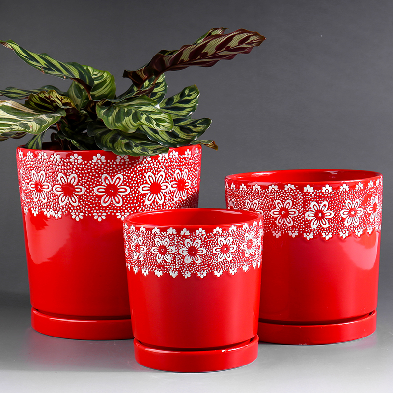 Extra large red ceramic flower pot with tray was contracted indoor desktop household more than other meat flowerpot ceramic clearance