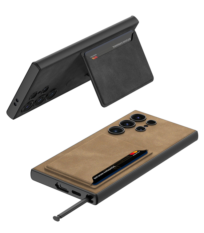 Business Synthetic Leather Card Holder Kickstand Wireless Charging Compatible S24, S24 Plus, S24 Ultra Samsung Phone Case