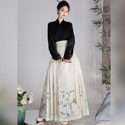 The original feathered Hanfu for women of Caozhou Prefecture, made in the Ming Dynasty, imitated the flower-and-bird horse-face skirt of the Confucius Mansion and improved jacquard airplane sleeve suit