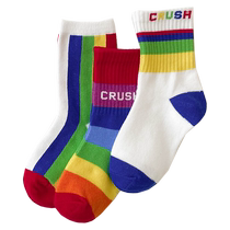 Childrens rainbow socks colorful Japanese mid-calf socks for middle-aged and older children boys and girls baby socks pure cotton spring and summer