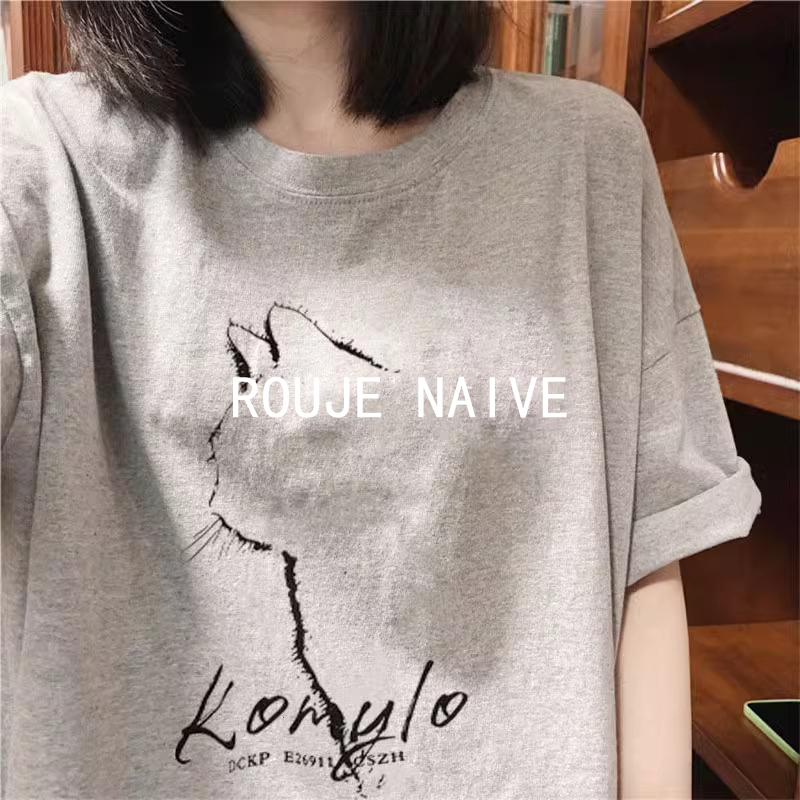 Rouje Naive High-End Popular Summer Korean Short-Sleeve T-Shirt for Women, Gray Cat Pure Cotton Top, Hong Kong Style Versatile