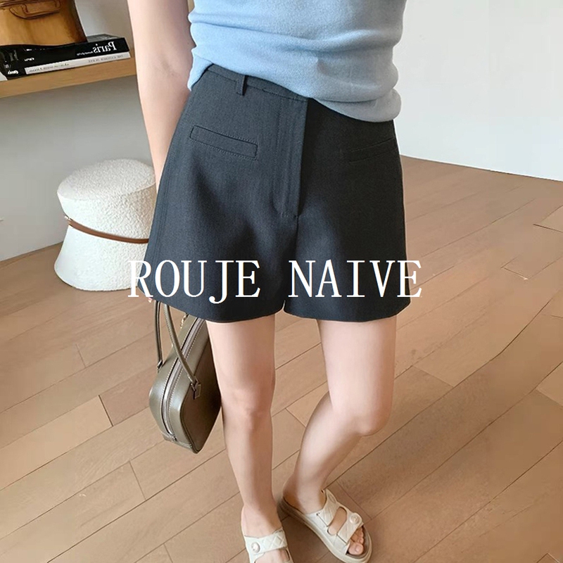 Rouje Naive Gray Suit Shorts for Women, Summer, Plus Size, Petite, High-Waisted, Slimming, Loose, Casual, Wide-Leg