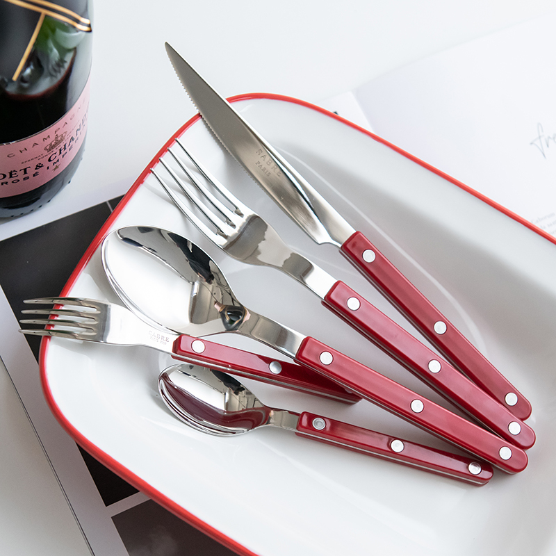 French Saber Paris Bistro Red Stainless Steel Knife, Fork, Spoon, Coffee Spoon, Cake Fork Cutlery Set ins French Saber Paris Bistro Red Stainless Steel Knife, Fork, Spoon, Coffee Spoon, Cake Fork Cutlery Set ins