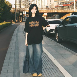American-Style Loose Short-Sleeve Women's T-Shirt, Summer 2025 New Popular Black Pure Cotton T-Shirt, Half-Sleeve Top, Trendy