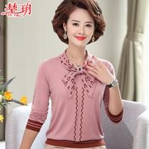 Middle aged mother Spring and autumn clothes knit undershirt foreign air long sleeve T-shirt blouses in older ladies thin fur coat fashion