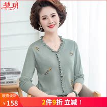 2021 new Mom clothes Spring and autumn long sleeve T-shirt knitted blouse for older womens foreign air V collar thin undershirt