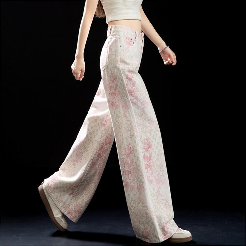 Spyb Pink Printed Narrow Wide-Leg Jeans for Women, New Style, Good-Looking, High-Waisted, Slimming Straight Pants for Spring and Autumn Spyb Pink Printed Narrow Wide-Leg Jeans for Women, New Style, Good-Looking, High-Waisted, Slimming Straight Pants for Spring and Autumn