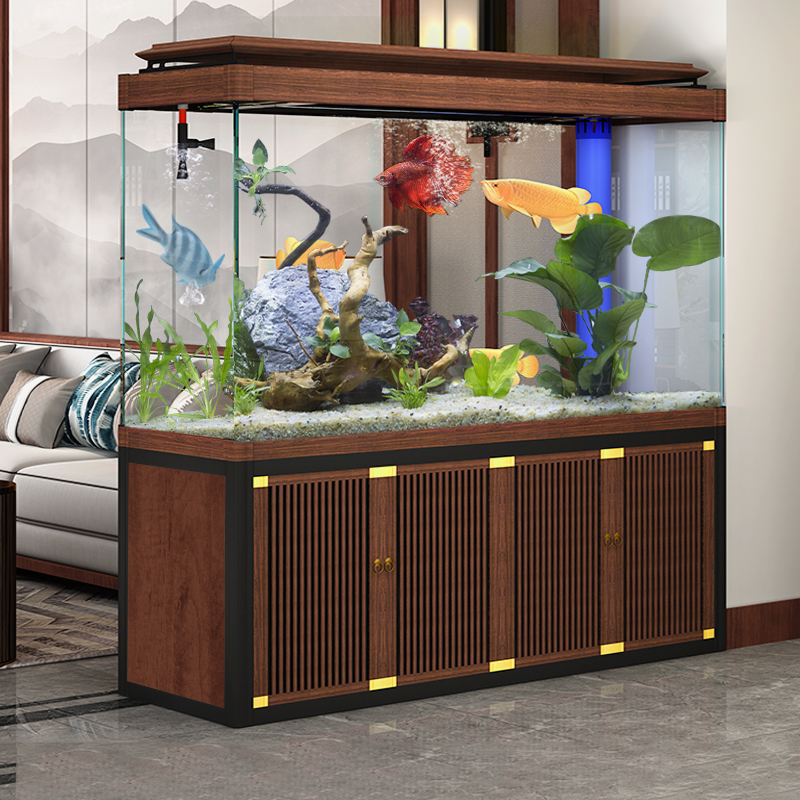 Fish tank living room large aquarium box ultra white glass screen partition cabinet entryway bottom filter free water gold and silver Arowana tank