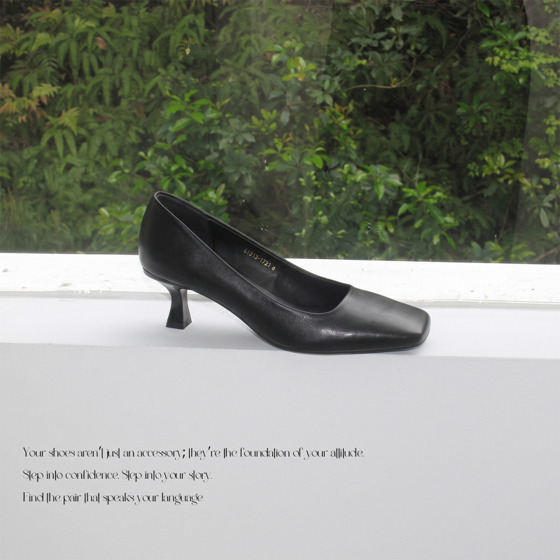Yang Chaoyue's Same Style Maltelle Handmade Sheepskin Stiletto Black High Heels, Vintage Square Toe Mid-Heel Pumps