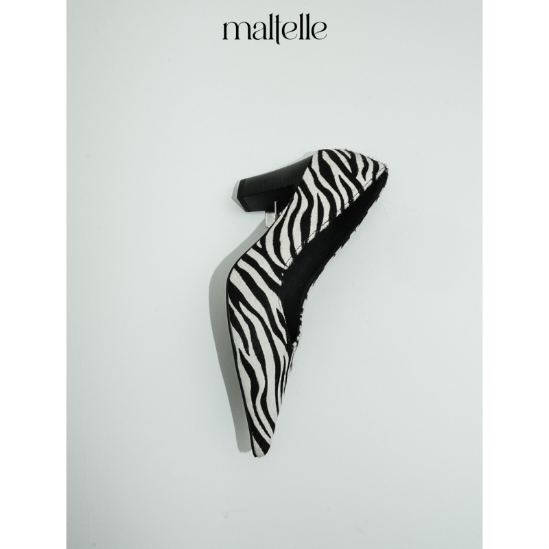 Maltelle Original Zebra Print Pointed Toe Horsehair High Heels 2026 New Retro Chunky Heel Women's Shallow Mouth Single Shoes