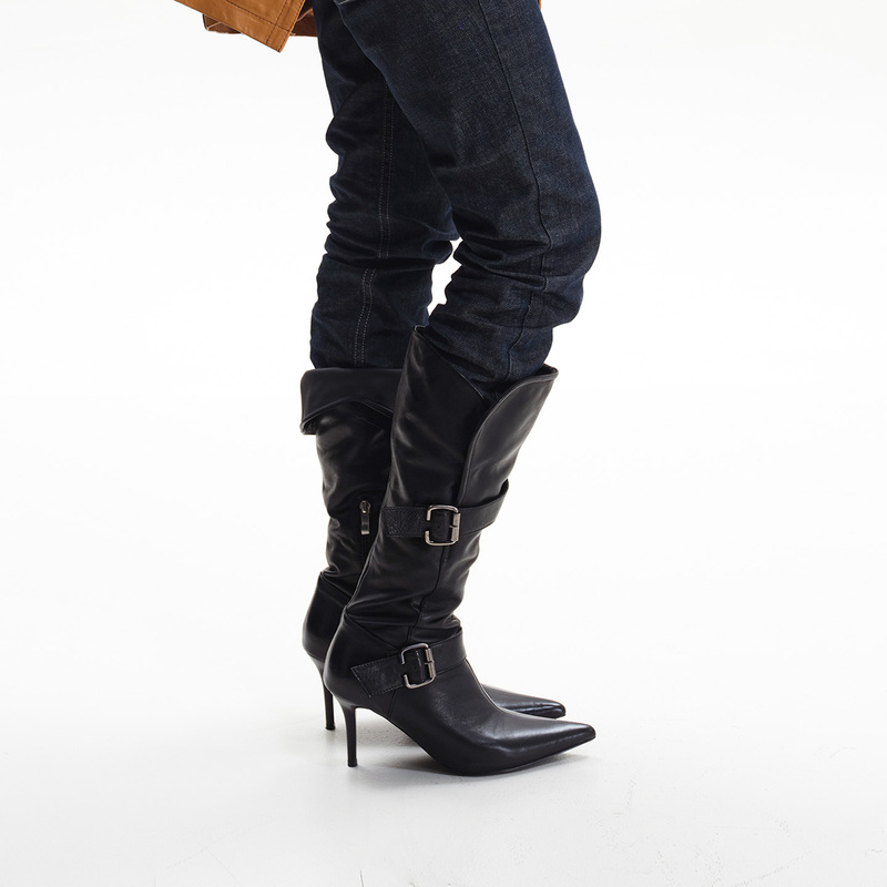 Maltelle Original First-Layer Cowhide Pointed-Toe Retro Long Boots with Double Belt Buckle Stiletto Heels Black Riding Boots