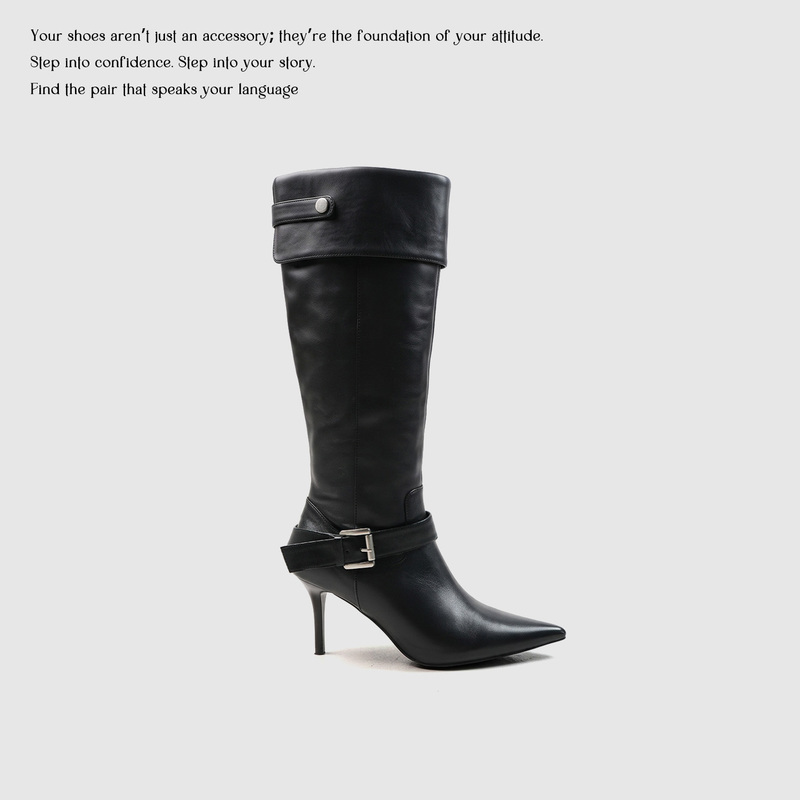 Maltelle Original Design Cowhide Leather Stiletto Black Long Boots for Women, New Autumn Style Fold-Over Buckle Riding Boots Maltelle Original Design Cowhide Leather Stiletto Black Long Boots for Women, New Autumn Style Fold-Over Buckle Riding Boots