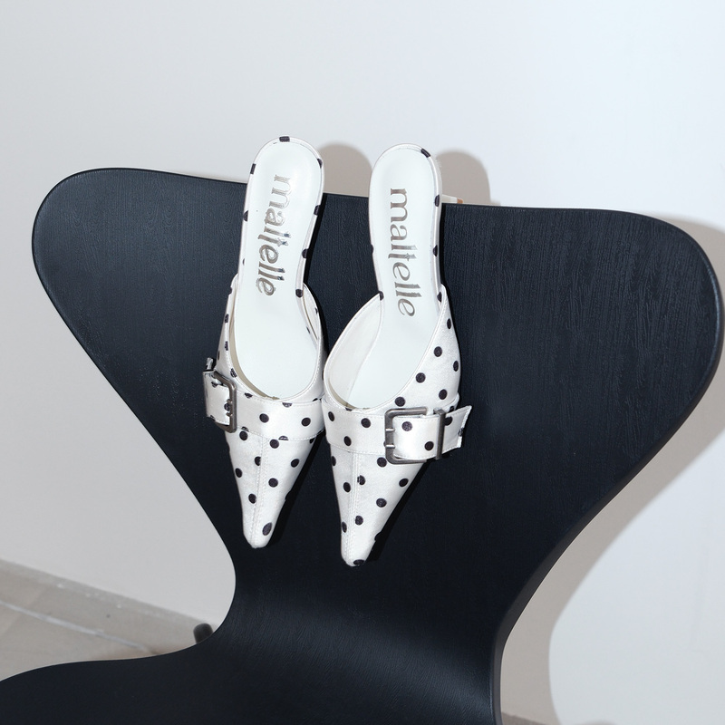 Maltelle Original Design French Polka Dot Pointed Toe High Heels Women's Metal Buckle Slip-On Stiletto Mules Women's Shoes