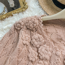Handmade hook flower hollow sweater women loose outside wear peach powder soft milk flowers heavy industry retro lazy cardigan jacket