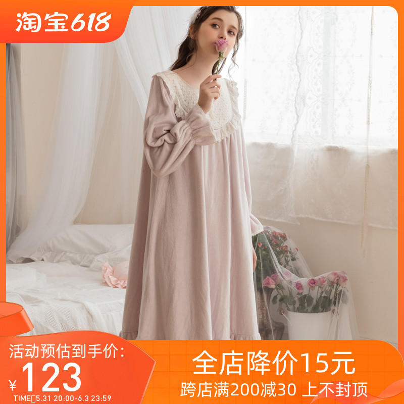 French vintage princess lady court palace palace sleeping dress female cotton flannel nightdress coral vet dress
