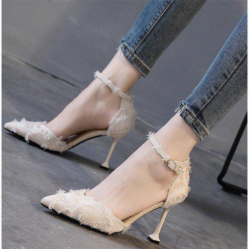 Shoes female students Korean version of high heels women's stiletto heels 2019 spring and summer all-match pointed toe hollow one-word buckle single shoes women