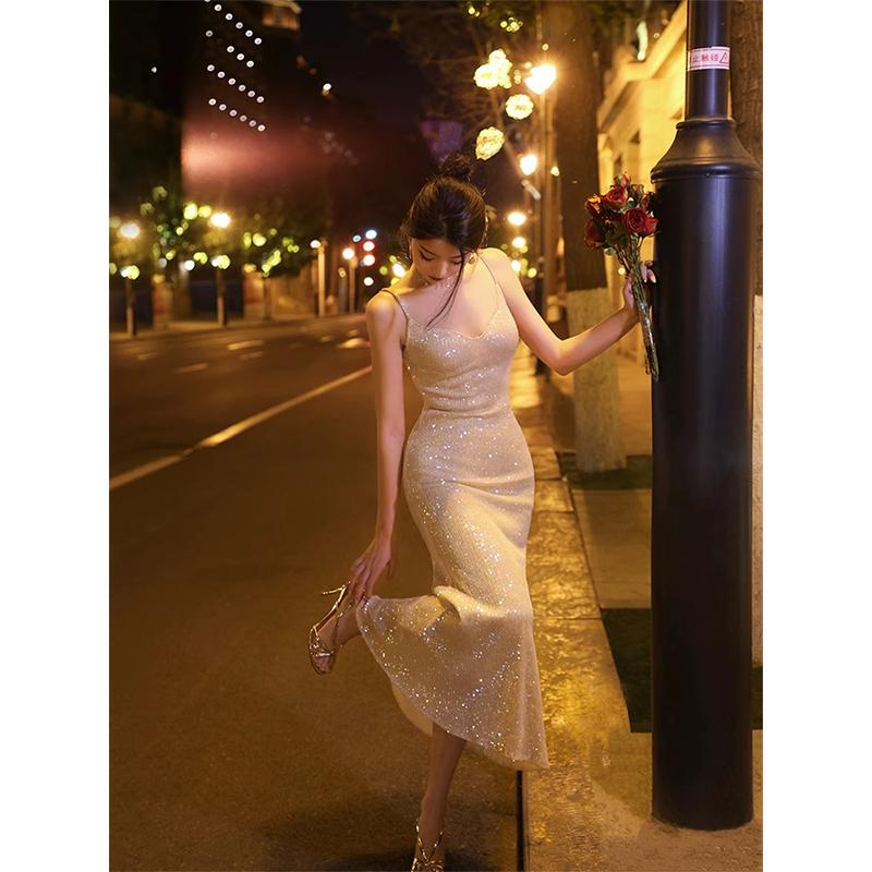 Plus Size Women's French-Style Heavy Sequin Strap Dress, High-End Evening Gown, Mesh Elegant Bodycon Fishtail Dress