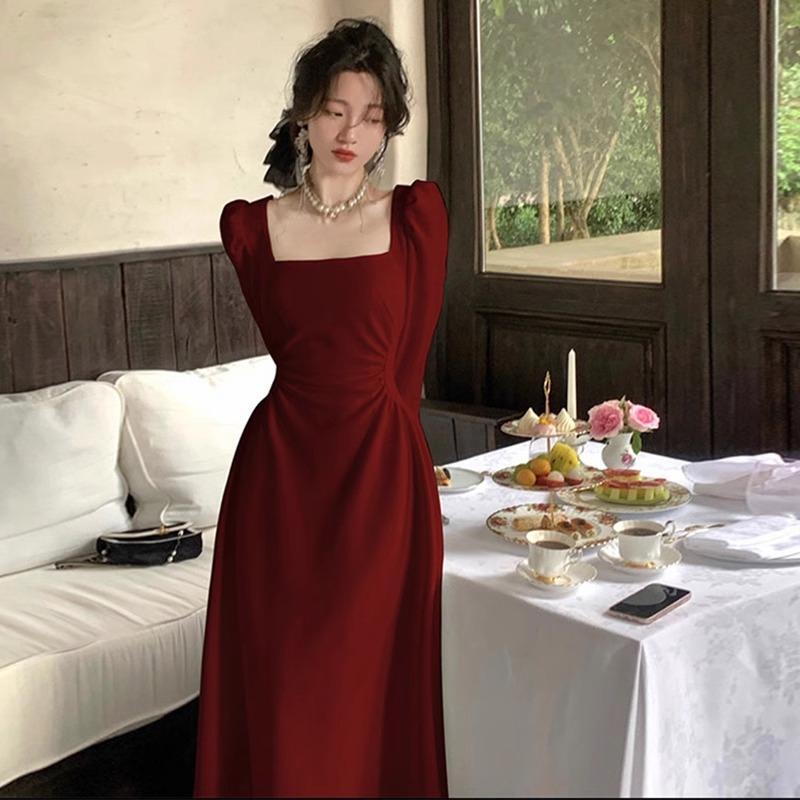 Plus-Size Women's French-Style Elegant Burgundy Birthday Dress, High-End Toast Dress, Can Be Worn Casually as a Long-Sleeved Dress