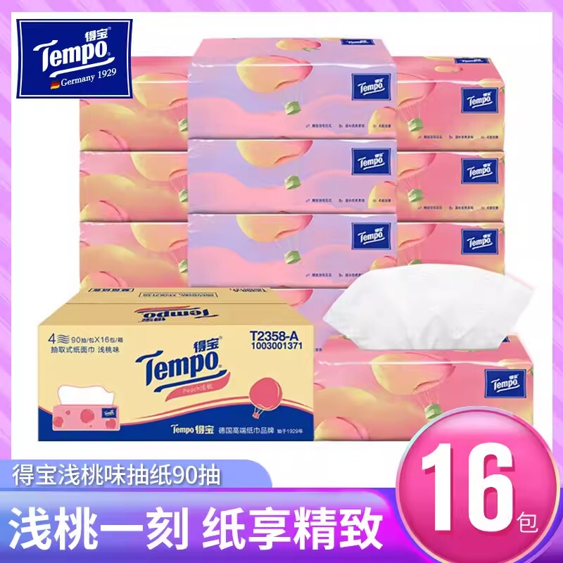 Tempo Debao 4-Ply Soft Tissue Paper, 90 Sheets Per Pack, 16 Packs, Family Pack, Peach Core Scent, Facial Tissue, Napkin, Whole Box