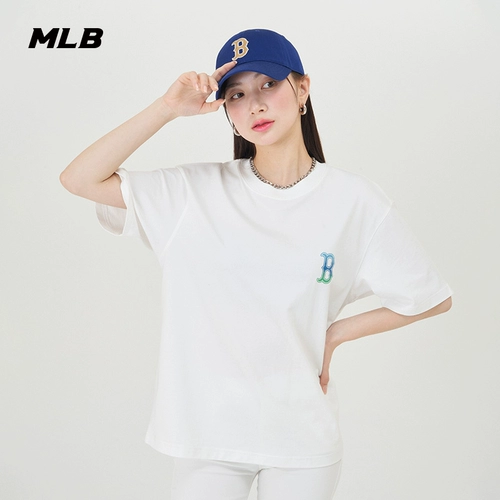 MLB, хлопковая летняя футболка подходит для мужчин и женщин для влюбленных, градиент, короткий рукав, с рукавом, с печатью вашего логотипа