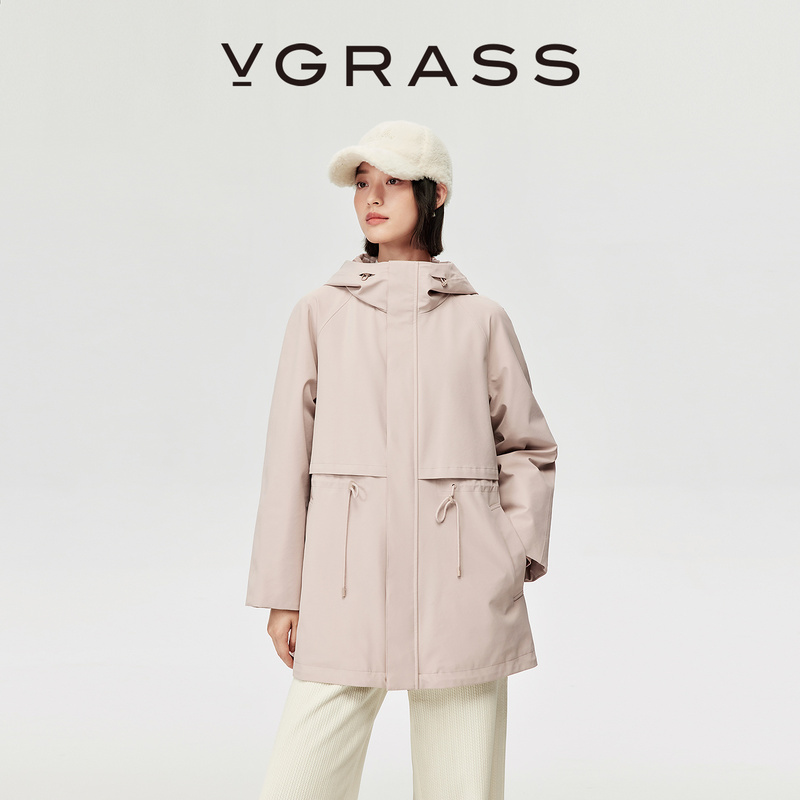 Vgrass New Autumn and Winter Hooded Trench Coat Style 90 Goose down Adjustable Drawstring Mid-Length Pink down Jacket