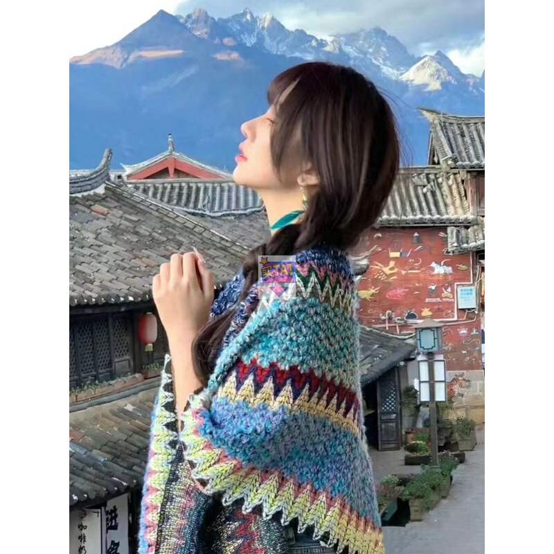 Hand-Knitted Shawl with Ethnic Style Cardigan Paired with Skirt, Knitted Top, Striped Cape, Women's Sweater