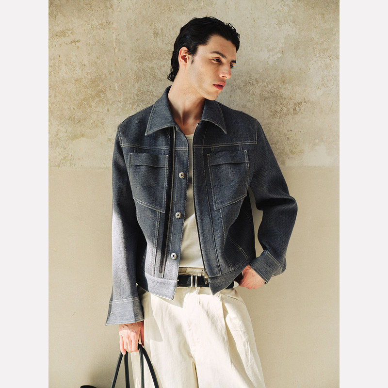 Manifold|Italian Denim Cotton Open-Stitch Knit Pocket Slim-Fit Zip-Up Denim Jacket Manifold|Italian Denim Cotton Open-Stitch Knit Pocket Slim-Fit Zip-Up Denim Jacket