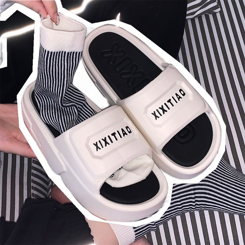 Trendy and Cool Sports Style Versatile Non-Slip Thick-Soled Couple's Outdoor Slippers Summer Creative English Letter Slippers for Men and Women