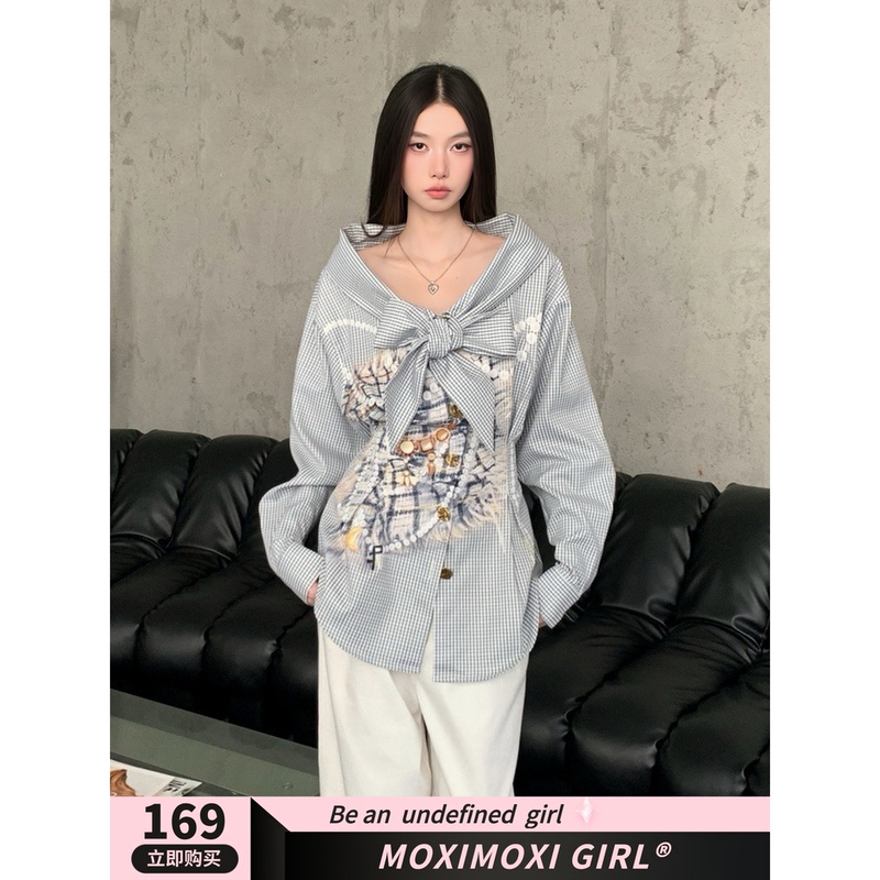 Moxi Intimate Relationship Vintage Old Money Style Printed Shirt for Women with Detachable Collar Plaid Shirt