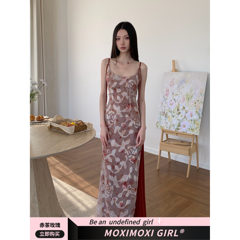 Moxi Red Tea Rose Lady Mural New Chinese Style Dress Cool Feeling Patchwork Strap Dress