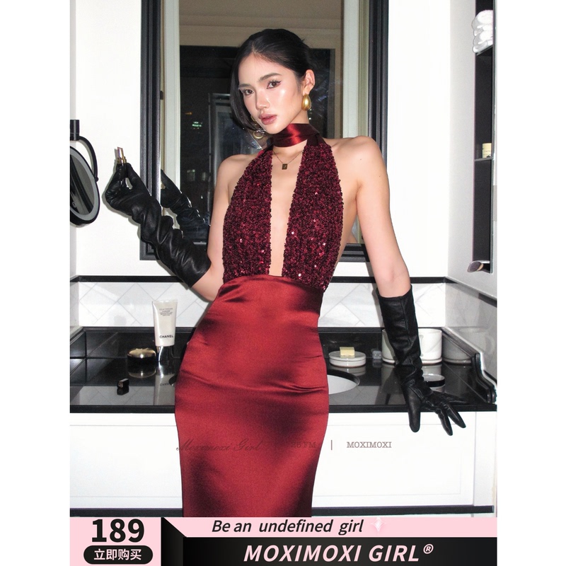 Moxi Is the Highlight of the Evening. Red Halter Sequin Dress with Deep V-Neck, Sexy Backless Gown, Bodycon Long Dress
