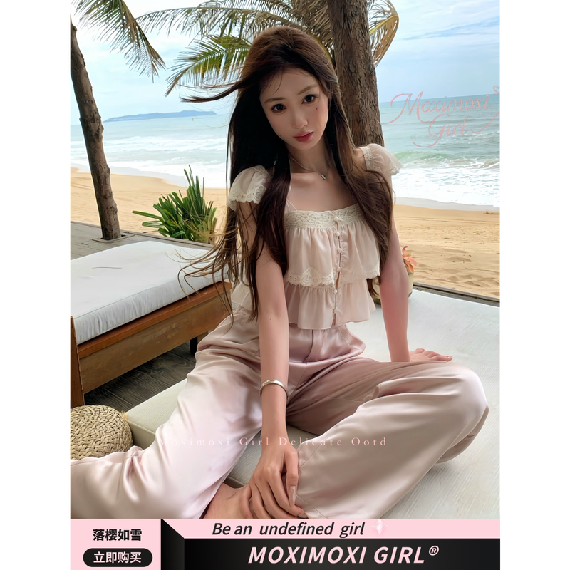 Moxi Falling Cherry Blossoms Like Snow “Ch*Oe Show Style” Cherry Blossom Pink Lace Camisole Dress Shirt Top Gold Satin Pants