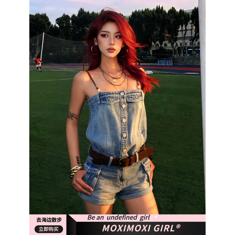 Moxi Goes for a Walk at the Beach, American Retro Denim Jumpsuit, Workwear Style Suspender Shorts, Vacation Style Jumpsuit Moxi Goes for a Walk at the Beach, American Retro Denim Jumpsuit, Workwear Style Suspender Shorts, Vacation Style Jumpsuit