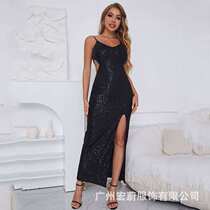 slit open back hollow out suspender long solid color dress