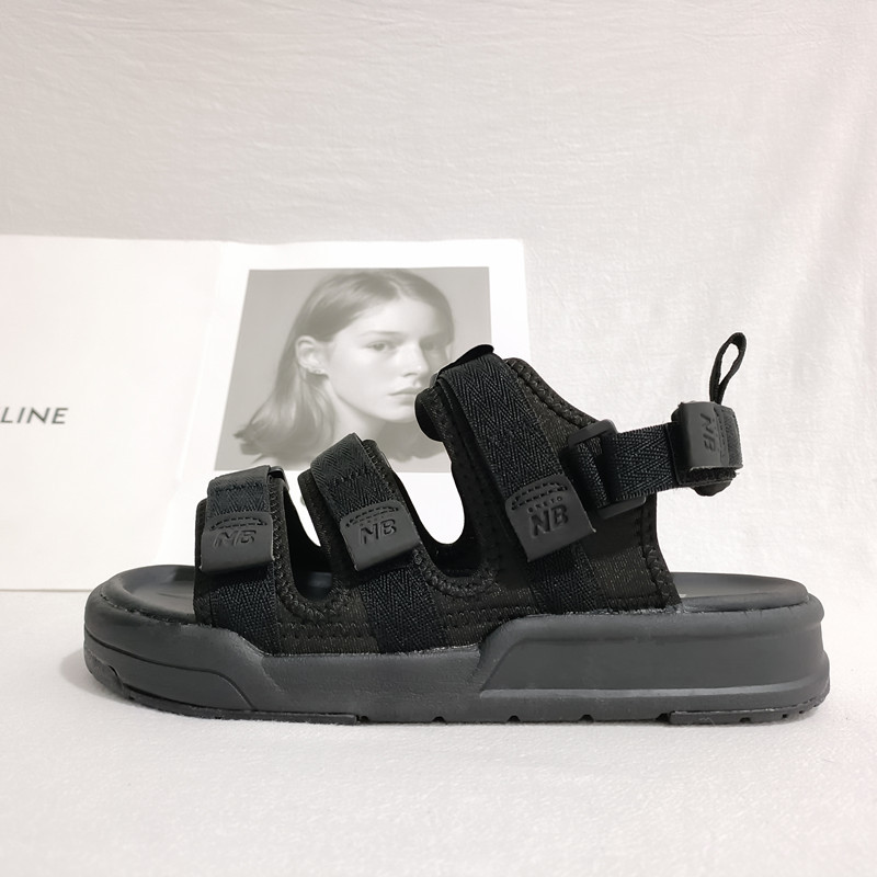 Spring and Summer New Nb Sandals with Velcro, Thick-Soled Non-Slip Women's Shoes, Dual-Purpose Slippers, Classic All-Black Outdoor Men's Shoes
