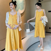 Pregnant womens summer dress long dress Spring and Autumn Fashion Net red does not show belly skirt summer out suit