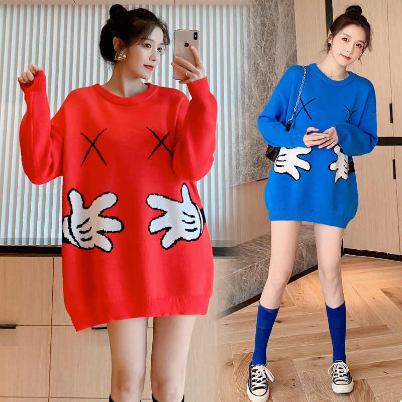 Add fat and add size pregnant women sweater fashion foreign style loose long version net red pullover knitted dress 200kg