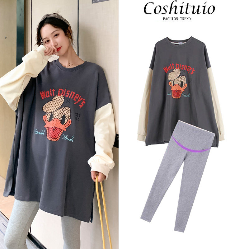 Oversized size pregnant women's clothing suit autumn winter clothing blouses Gats up 200 tons of loose T-shirt dress casual Two-style