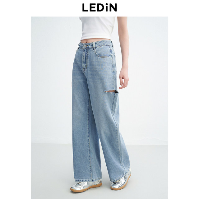 Leding ແອວສູງ ripped ຊື່ jeans summer ແບບໃຫມ່ວ່າງ slimming ບຸກຄະລິກກະພາບຂາກ້ວາງ pants ສໍາລັບແມ່ຍິງ