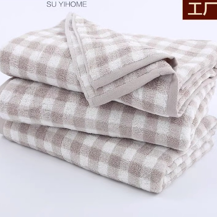 Nantong Suyi Home Products Japanese-Style Bath Towel, All-Cotton Checkered Bath Towel, Terry Soft Towel, Simple Plaid for Bathroom