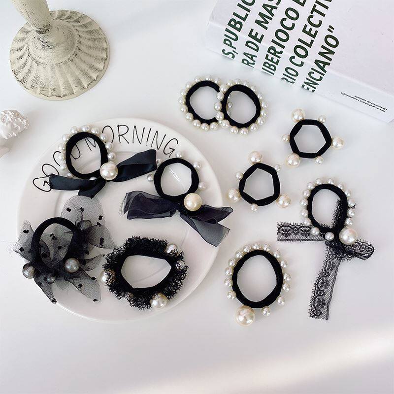 Korean version ns new pearl neckline with butterfly knot hair ring bright version large number pearl hair ring superfairy hairstyle Hair Accessories