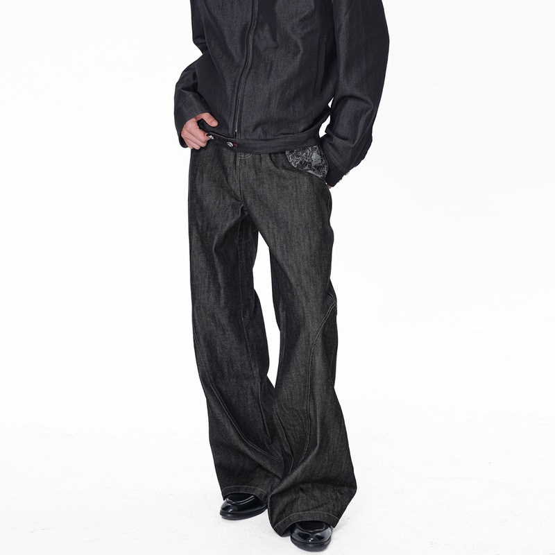 Gangurru Blue and White Porcelain Jacquard Raw Denim Narrow Hem Red Trim Loose Flared Patchwork Jeans for Men Versatile