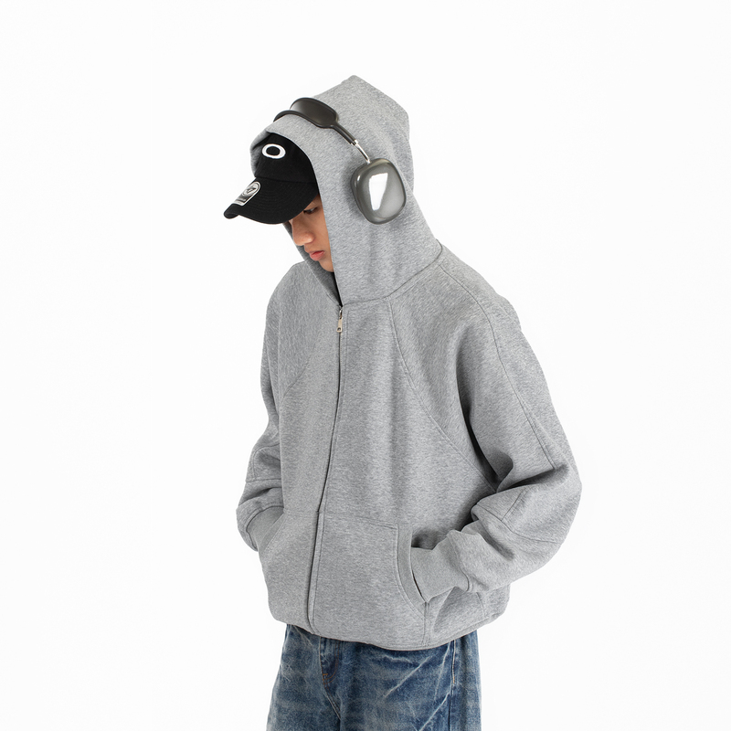 Gangurru Simple Heavyweight Solid Color Boxy Hooded Sweatshirt Cleanfit American Style Zip-Up Cardigan Trendy