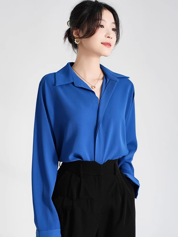 French-Style Royal Blue Shirt for Women, Spring and Autumn Design, Niche Satin Shirt, Light Mature Style, Commuting Professional Long-Sleeved Top