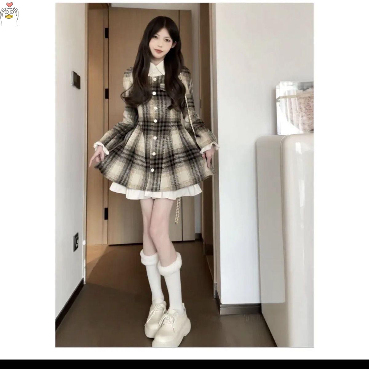 Matsumoto bereavement retro gwoolen sweatshirt with dress black and white Gwinter shirt skirt fake two medium long skirts-Taobao