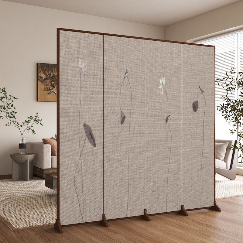 Chinese-Style Lotus Leaf and Lotus Pod Cotton and Linen Screen Partition for Living Room, Tea Room, Bedroom, Foldable and Movable Office Divider Screen