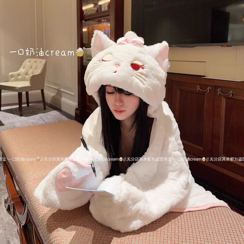 Korean-Style Cute Marie Cat Nightgown Coral Fleece Blanket Hooded Cloak Cape Summer Air-Conditioning Blanket Shawl Office