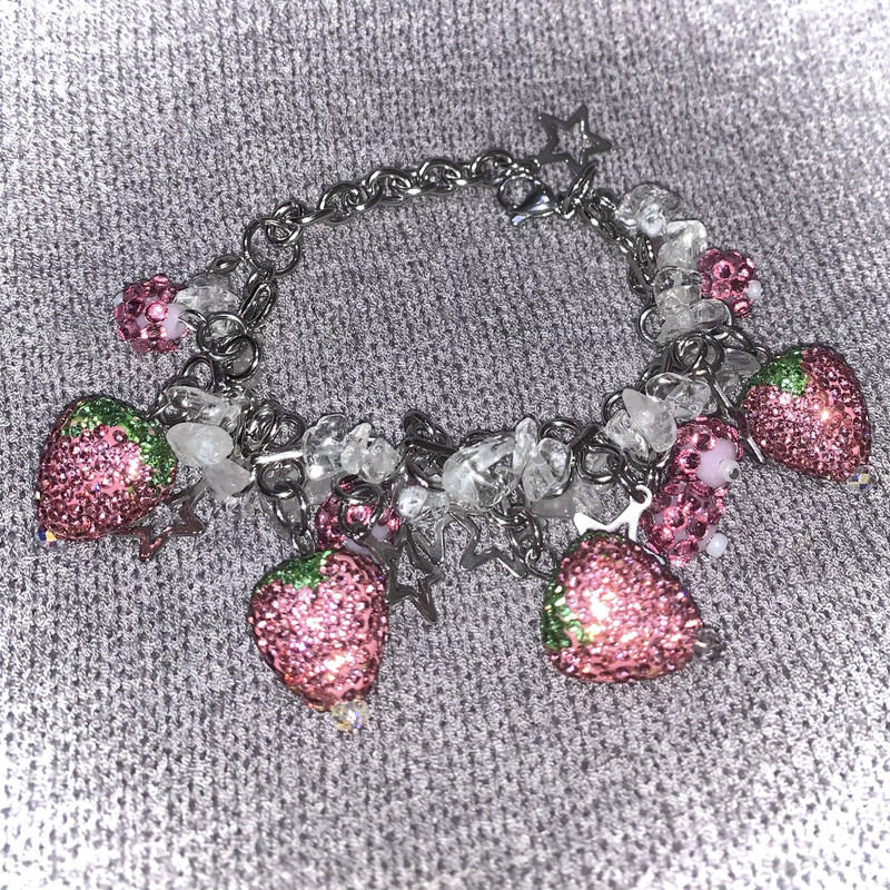 Pocketbabe Original Sparkling Diamond Strawberry White Crystal Bracelet 90S/Y2K/Millennial Hot Girl Anti-Fading Adjustable