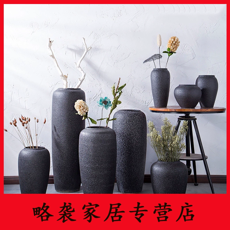 Gạch đen Tầng Stonware Vase Hiện đại đơn giản Hoa khô Phòng khách Hoa Sắp xếp Handmade Retro Lưu vực - Vase / Bồn hoa & Kệ